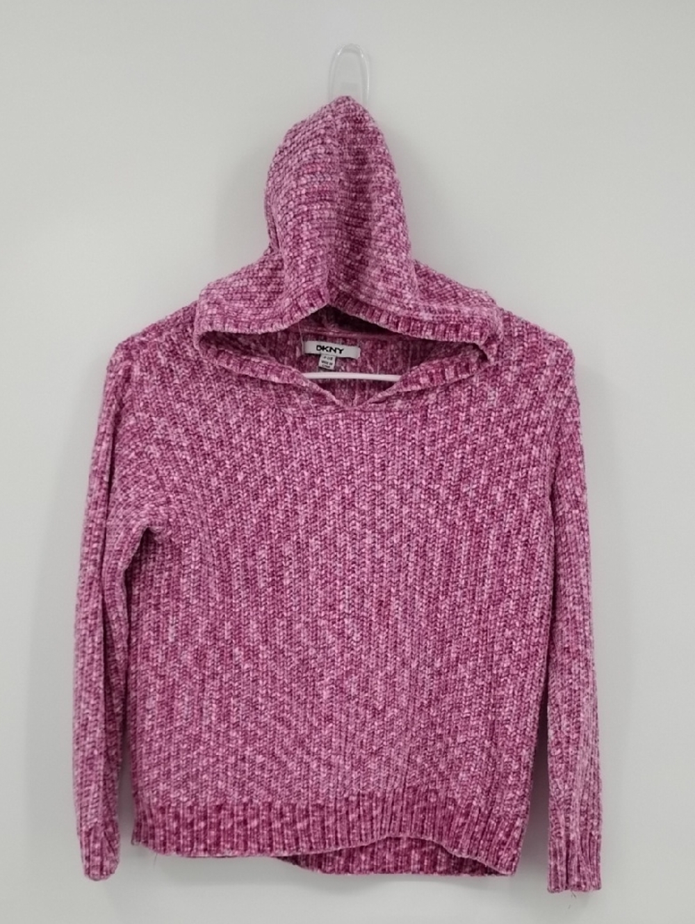 DKNY Pink Knitted Hooded V-Neck Pullover Sweater Girls Small 7/8